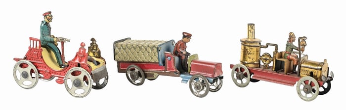 LOT OF 3: GERMAN TIN LITHO VEHICLE-THEMED PENNY TOYS