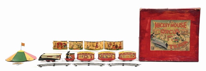 SCARCE TIN LITHO WIND-UP ENGLISH MICKEY MOUSE CIRCUS TRAIN IN ORIGINAL BOX