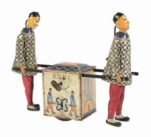 GERMAN LEHMANN TIN LITHO WIND-UP KADI CHINESE MEN PUSHING AND PULLING CART TOY