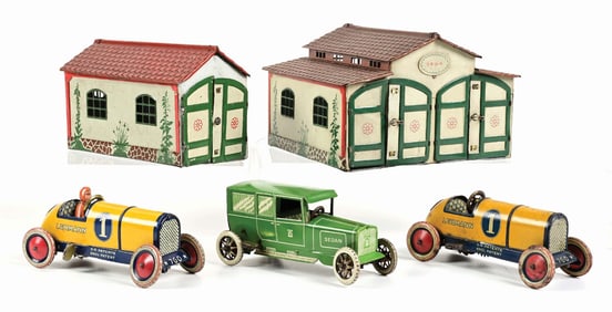 LOT OF 3: LEHMANN GERMAN TIN LITHO WIND UP AUTOMOBILE TOYS WITH GARAGES