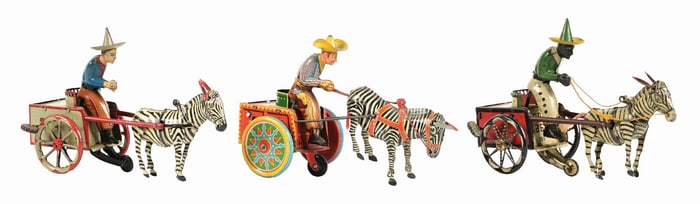 LOT OF 3: LEHMANN GERMAN TIN LITHO WIND-UP ZEBRA-DRAWN CART TOYS