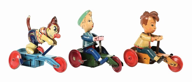 LOT OF 3: GERMAN LEHMANN TIN LITHO & HAND-PAINTED SCOOTER TOYS