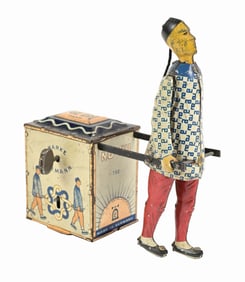 GERMAN LEHMANN TIN LITHO WIND-UP NU-NU CHINESE MAN PULLING CART TOY