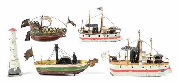 LOT OF 5: GERMAN TIN LITHO HAND-PAINTED SHIPS W/ LIGHTHOUSE