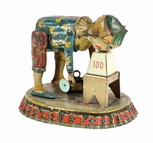 GERMAN TIN LITHO FISCHER WIND-UP WEIGHTLIFTING CLOWN