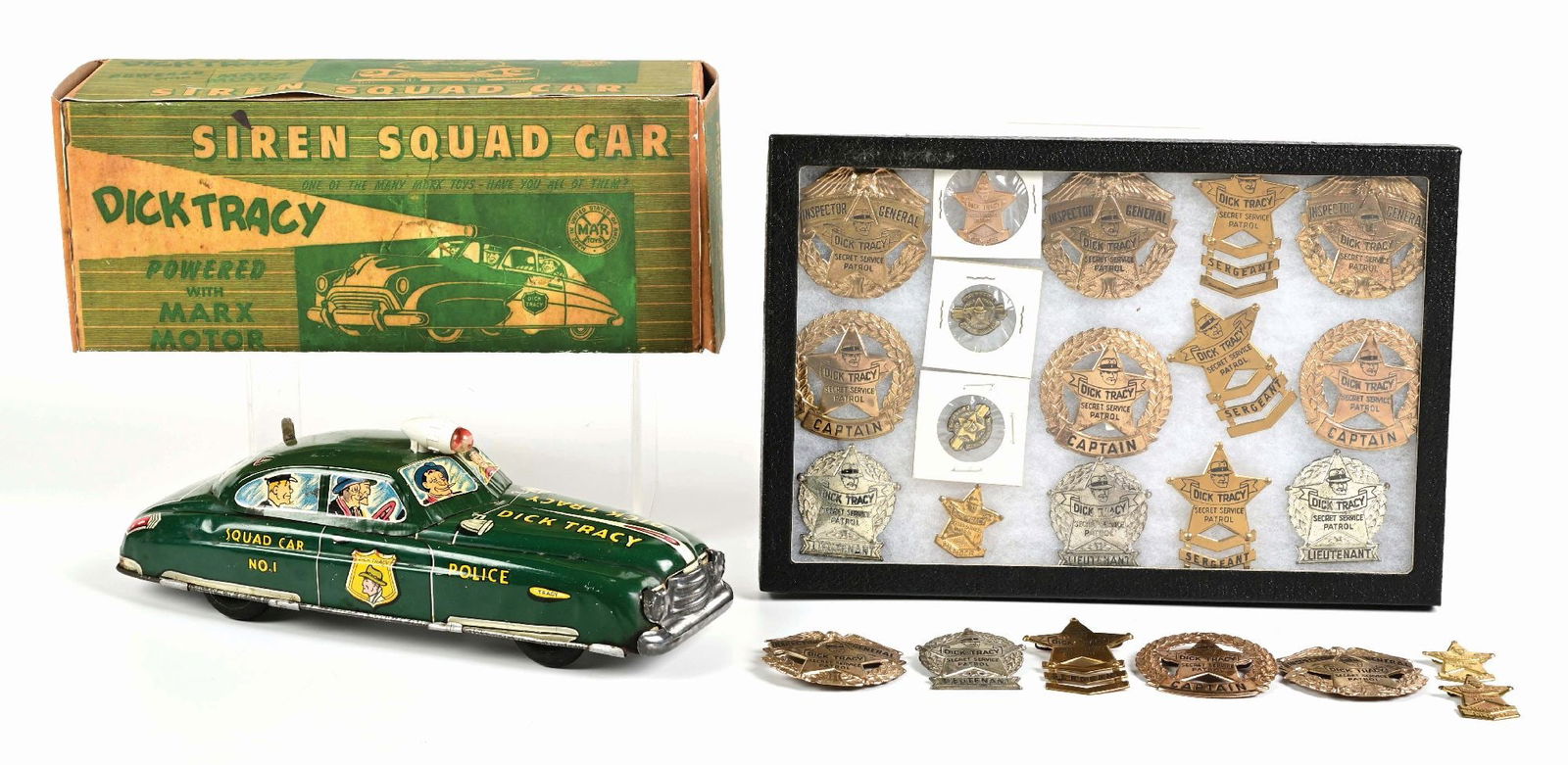DICK TRACY MARX SIREN SQUAD CAR & APPROX. 20 VARIOUS DICK TRACY BADGES (1 of 2)