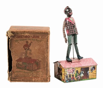 UNIQUE ART TIN LITHO WIND-UP ROOF DANCING TOY W/ PARTIAL ORIGINAL BOX