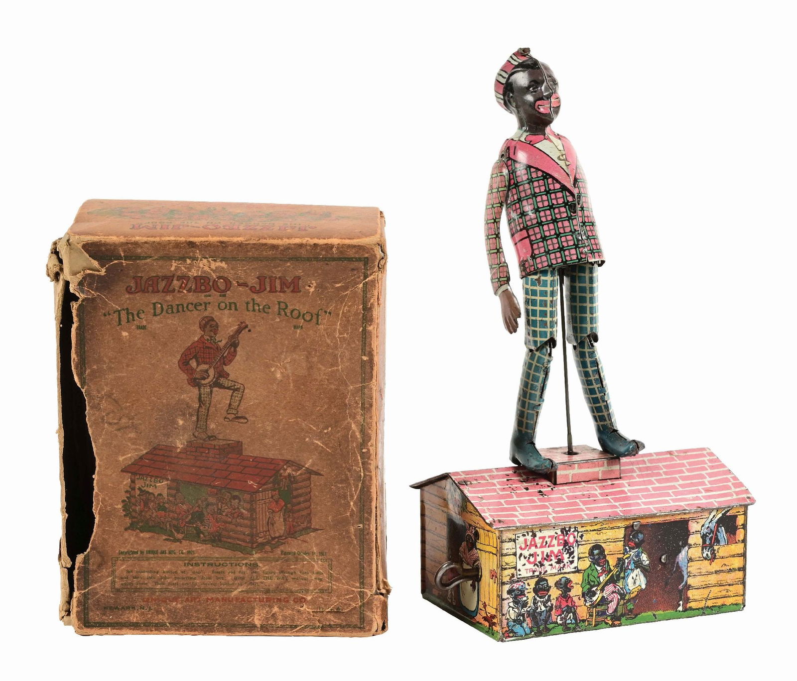 UNIQUE ART TIN LITHO WIND-UP ROOF DANCING TOY W/ PARTIAL ORIGINAL BOX (1 of 4)