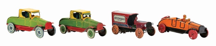 LOT OF 4: AMERICAN-MADE TIN LITHO WIND-UP AUTOMOBILE TOYS