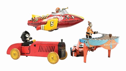 LOT OF 3: VARIOUS TIN LITHO & WOODEN CHARACTER TOYS