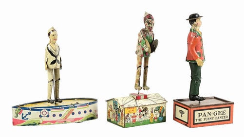 LOT OF 3: VARIOUS AMERICAN-MADE TIN LITHO WIND-UP ROOF DANCING TOYS