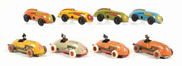 LOT OF 8: AUTOMATIC TOY WORKS TIN LITHO FRICTION & WIND-UP CHARACTER CARS