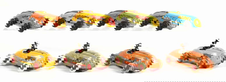 LOT OF 8: AUTOMATIC TOY WORKS TIN LITHO FRICTION & WIND-UP CHARACTER CARS (1 of 2)