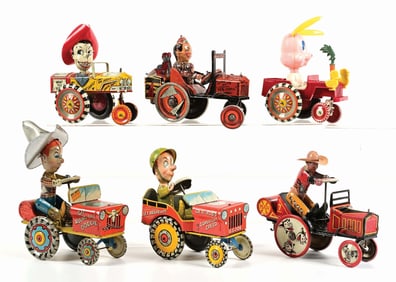 LOT OF 6: VARIOUS MARX & UNIQUE ART TIN LITHO & PLASTIC WIND-UP WHOOPEE CAR TOYS