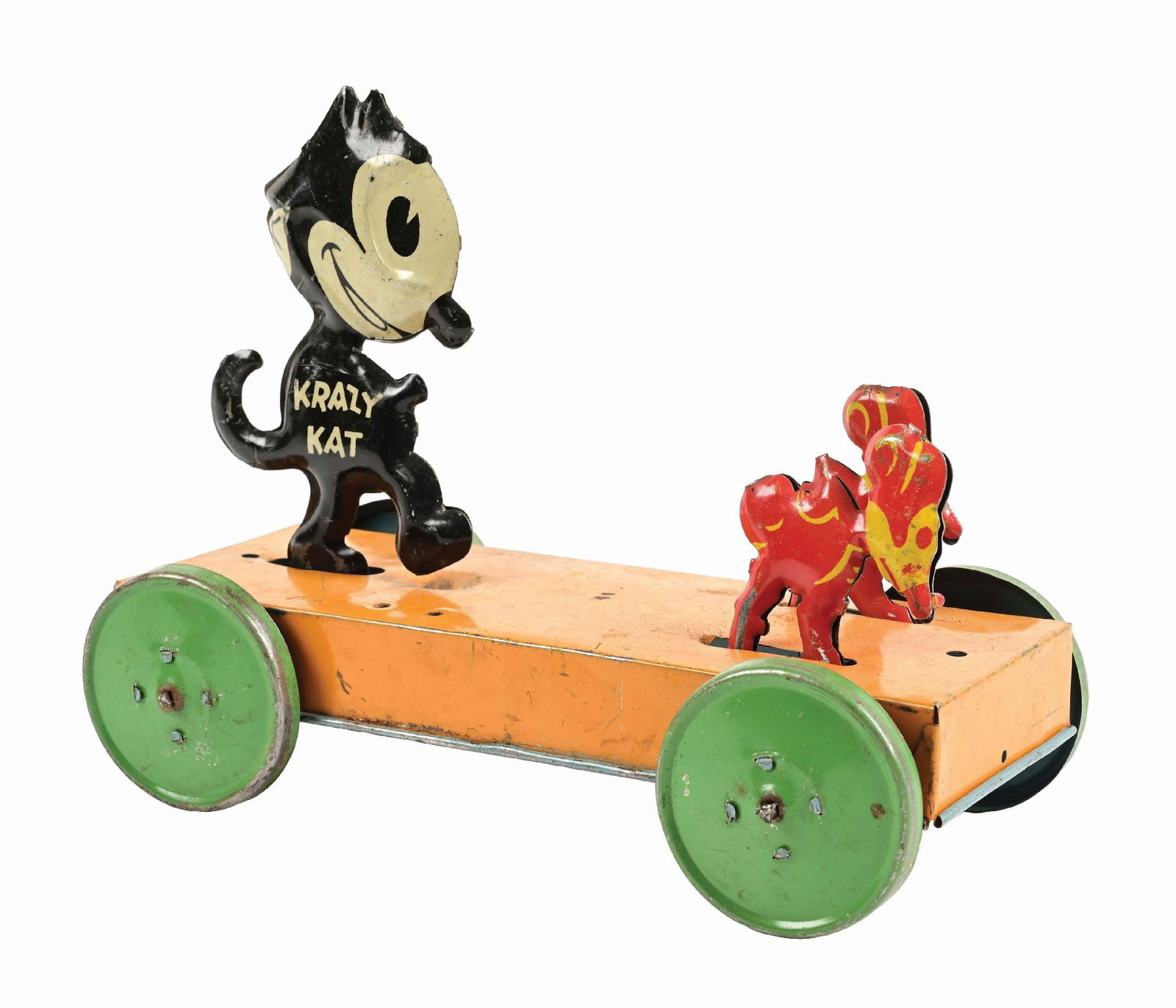 CHEIN TIN LITHO KRAZY KAT TIN LITHO FLOOR TOY: Has original tin litho clicker under base. Two mice in front and Krazy Kat are articulated. Some minor to moderate wear and scratching. Condition: Dimensions: 7 - 1/2" x 3 - 3/4" x 5 - 1/2"