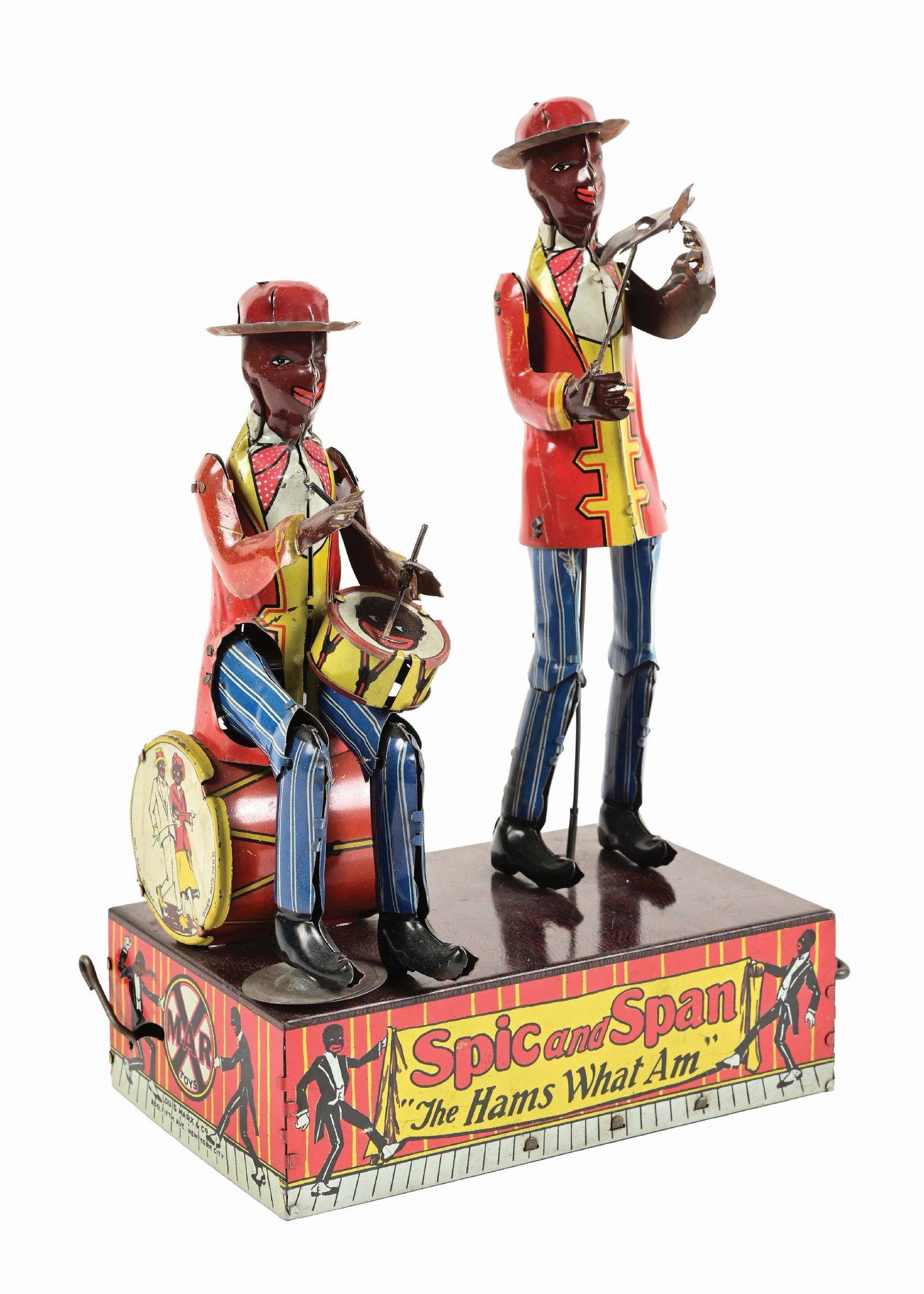 SCARCE MARX SPIC AND SPAN "THE HAMS WHAT AM" ROOF DANCING TOY: Much tougher red hat version. Marked "Patented 1924." CONDITION: Original drumsticks, but missing mallet and tips. Original drumhead. Original arms and violin. Minor wear, a terrific example. Conditio