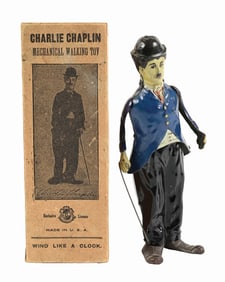 AMERICAN-MADE TIN LITHO WIND-UP CHARLIE CHAPLIN WALKING TOY IN SCARCE ORIGINAL BOX