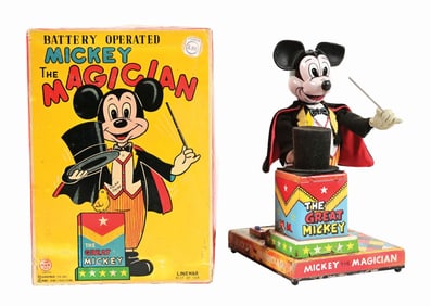 JAPANESE LINEMAR BATTERY-OPERATED WALT DISNEY MICKEY MOUSE THE MAGICIAN TOY IN ORIGINAL BOX
