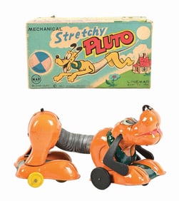 LINEMAR WALT DISNEY TIN LITHO WIND-UP STRETCHY PLUTO TOY IN SCARCE ORIGINAL BOX