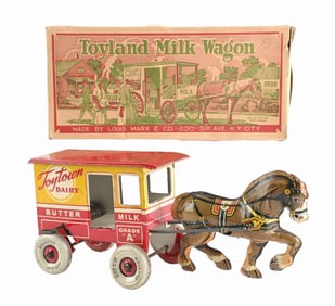 MARX TIN LITHO WIND-UP HORSE-DRAWN TOYTOWN DAIRY MILK WAGON