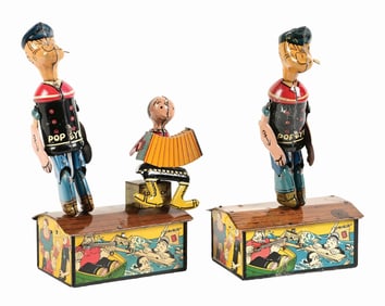 LOT OF 2: MARX TIN LITHO WIND-UP POPEYE-THEMED ROOF DANCING TOYS