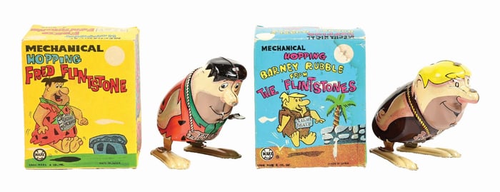 LOT OF 2: MARX MADE IN JAPAN TIN LITHO WIND-UP FLINTSTONE HOPPING TOYS IN ORIGINAL BOXES