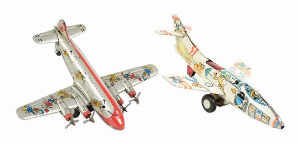 LOT OF 2: LINEMAR WALT DISNEY MICKEY MOUSE TIN LITHO FRICTION AIRPLANE TOYS