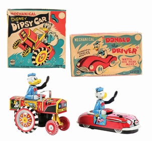 LOT OF 2: LINEMAR WALT DISNEY TIN LITHO WIND-UP DONALD DUCK VEHICLE TOYS