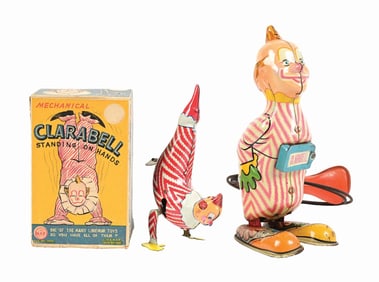 LOT OF 2: LINEMAR CLARABELL THE CLOWN TIN LITHO TOYS