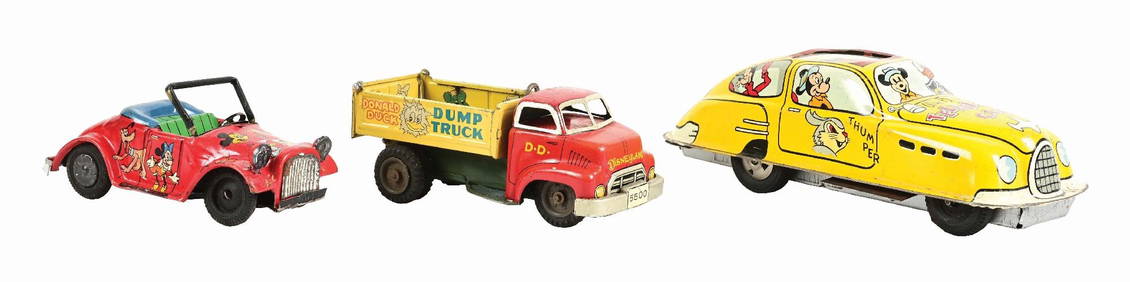 LOT OF 3: LINEMAR DISNEY TIN LITHO AUTOMOBILE TOYS (1 of 3)