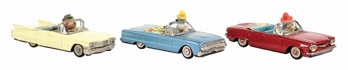 LOT OF 3: SCARCE LINEMAR TIN LITHO FRICTION HANNA-BARBERA CHARACTER AUTOMOBILE TOYS