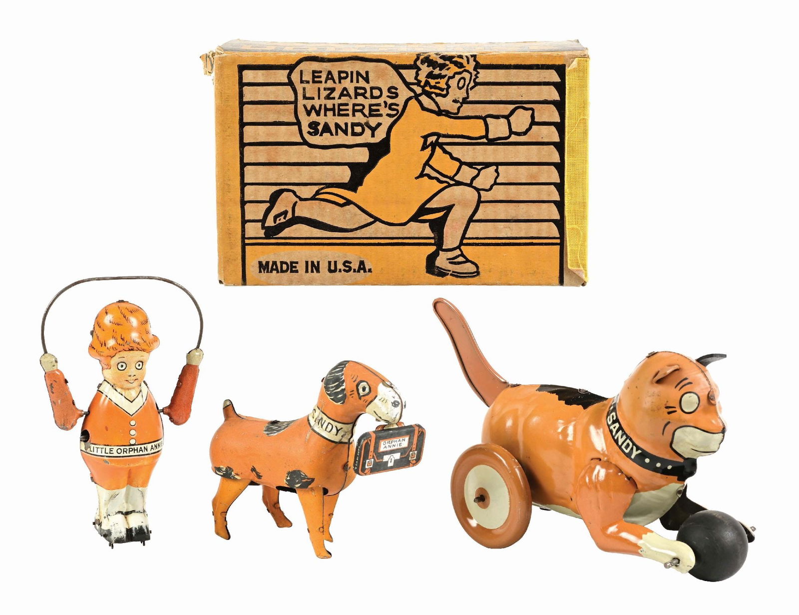 LOT OF 3: MARX TIN LITHO ORPHAN ANNIE-THEMED TOYS (1 of 3)