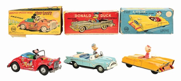 LOT OF 3: JAPANESE TIN LITHO FRICTION DISNEY AUTOMOBILE TOYS IN ORIGINAL BOXES