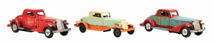 LOT OF 3: AMERICAN-MADE PRESSED STEEL AUTOMOBILE TOYS