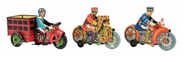 LOT OF 3: MARX TIN LITHO WIND-UP MOTORCYCLE TOYS