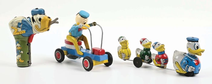 LOT OF 3: MARX & LINEMAR DONALD DUCK TIN LITHO & VINYL TOYS