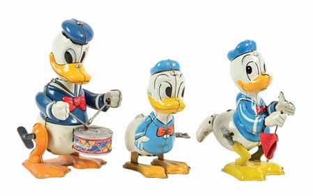LOT OF 3: LINEMAR WALT DISNEY DONALD DUCK TIN LITHO WIND-UP TOYS