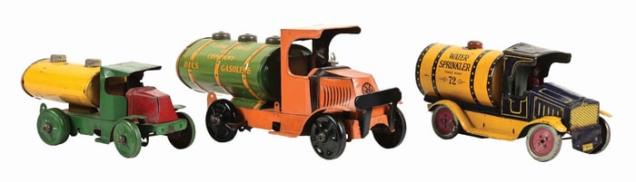 LOT OF 3: TIN LITHO WIND-UP AMERICAN-MADE GASOLINE TOY TRUCKS