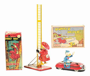 LOT OF 2: MARX & LINEMAR WALT DISNEY DONALD DUCK TIN LITHO & PLASTIC WIND-UP TOYS: (A) Marx Donald the Driver with original box, plastic figure version. Slight fading and scratching to car. (B) Donald Duck Fireman with original ladder, marked "Linemar." Box is a laser printed copy.