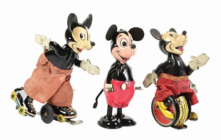 LOT OF 3: WALT DISNEY MICKEY MOUSE LINEMAR TIN LITHO WIND-UP TOYS