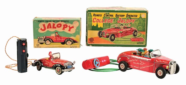 LOT OF 2: JAPANESE BATTERY-OPERATED LINEMAR REMOTE CONTROLLED JALOPIES IN ORIGINAL BOXES