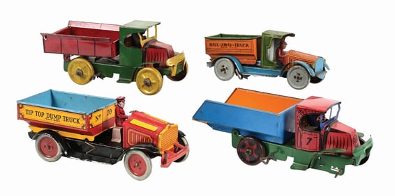 LOT OF 4: MARX & STRAUSS TIN LITHO WIND-UP DUMP TRUCK TOYS