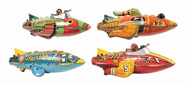 LOT OF 4: MARX TIN LITHO WIND-UP ROCKET FIGHTER TOYS