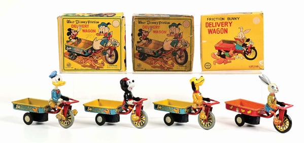 LOT OF 4: LINEMAR TIN LITHO FRICTION CHARACTER DELIVERY WAGON TOYS