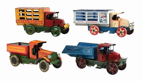 LOT OF 4: AMERICAN-MADE TIN LITHO TOY TRUCKS