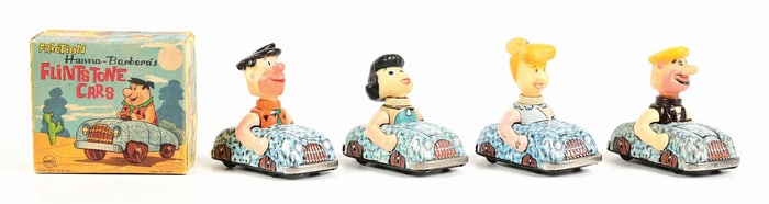 LOT OF 4: LINEMAR FRICTION TIN LITHO & VINYL HANNA-BARBERA FLINTSTONES TOY CARS