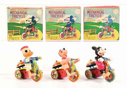 LOT OF 3: LINEMAR TIN LITHO & CELLULOID WIND-UP TRICYCLE TOYS IN BOXES
