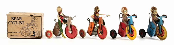 LOT OF 4: MARX TIN LITHO LEVER-ACTION ANIMAL CYCLIST TOYS