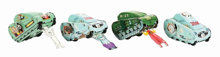 LOT OF 4: LINEMAR TIN LITHO WIND-UP CHARACTER TANK TOYS
