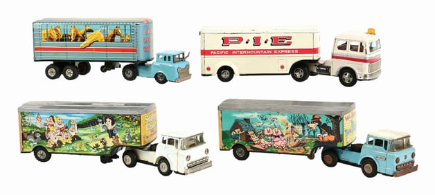 LOT OF 4: LINEMAR TIN LITHO FRICTION TRACTOR TRAILER TOYS